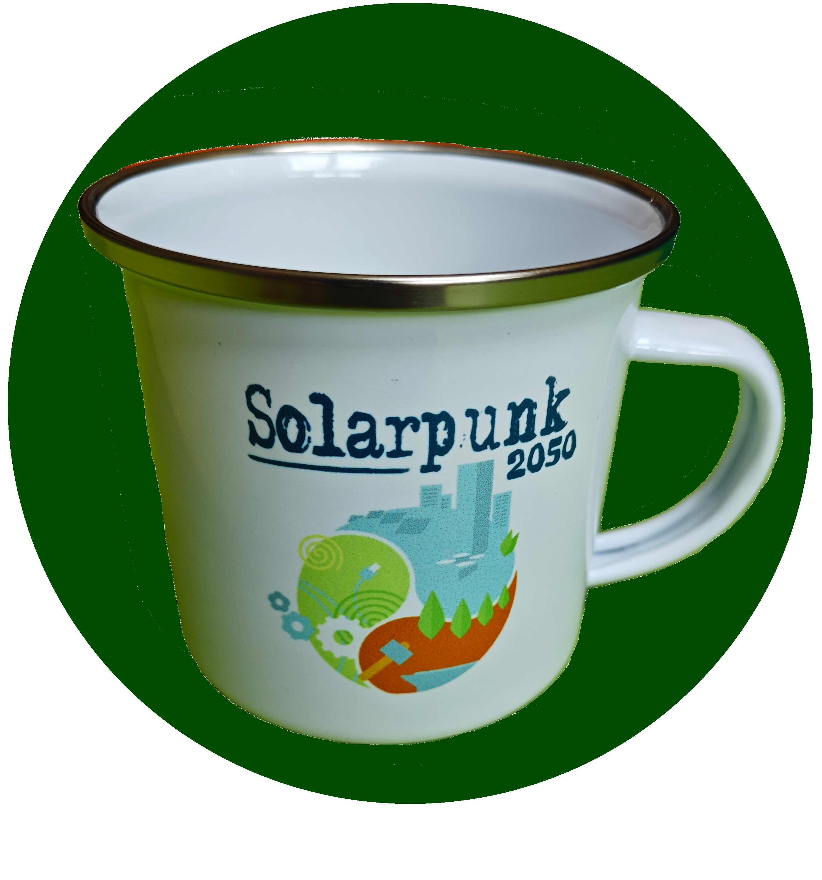 The picture of a mug with the Solarpunk 2050 Logo